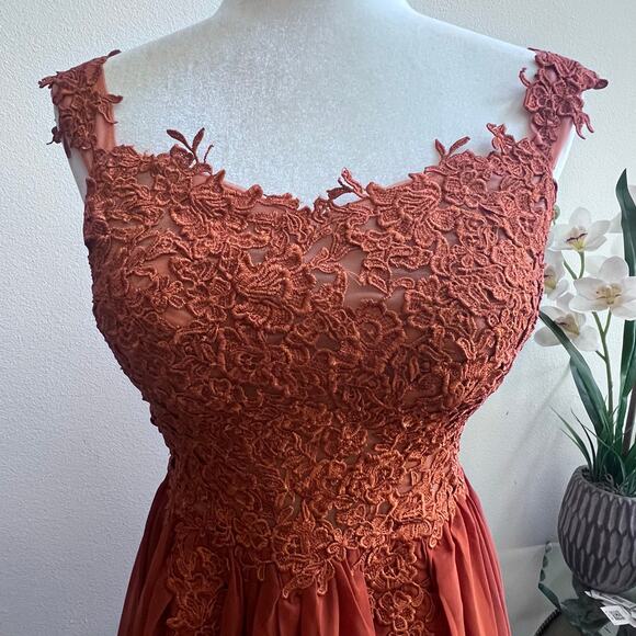 NWT Women's Copper Lace Off-Shoulder High Slit Prom Bridesmaid Dress Size S - Picture 4 of 10